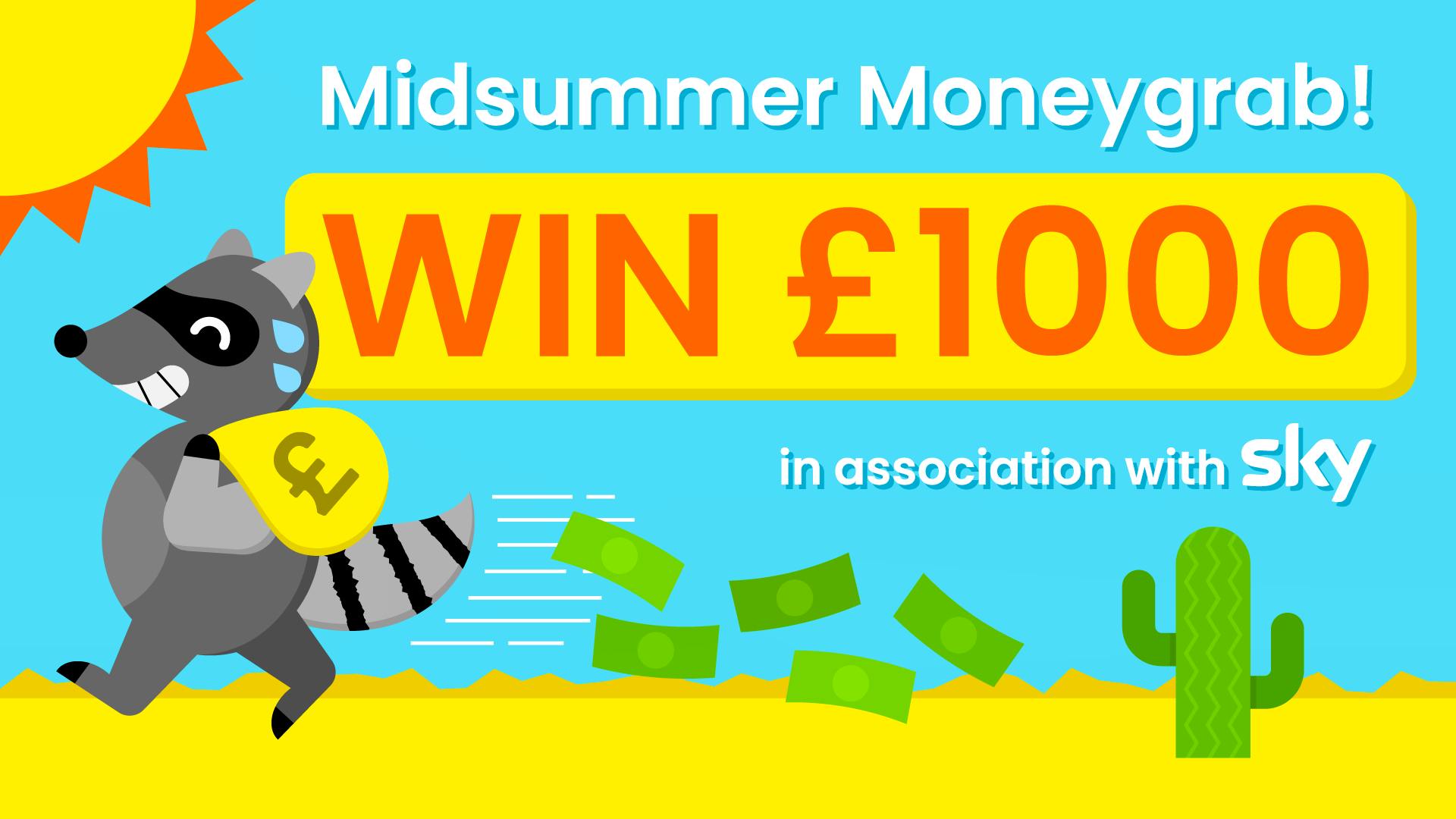 The text ‘Midsummer Moneygrab! £1000 prize draw, in association with Sky’, alongside a grinning raccoon making off with a sack of cash.